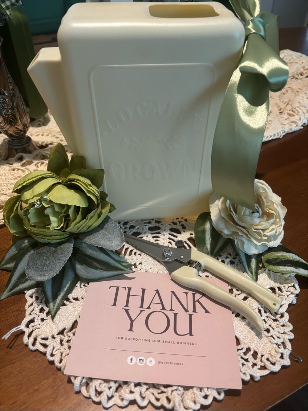 Mother’s Day Garden Set Watering Can & Cutter Beautiful Sage Ribbon Final Sale